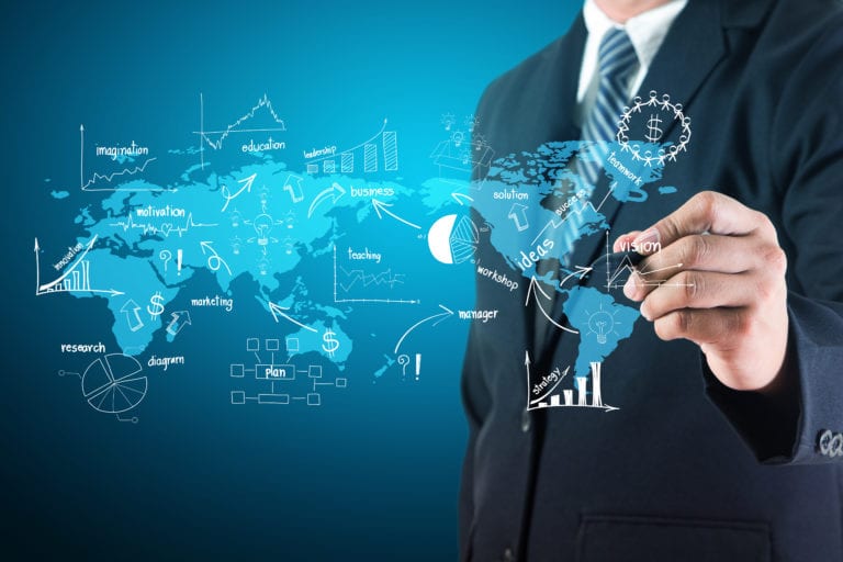 Businessman creative drawing on world map chart and graphs, Business success strategy plan idea concept